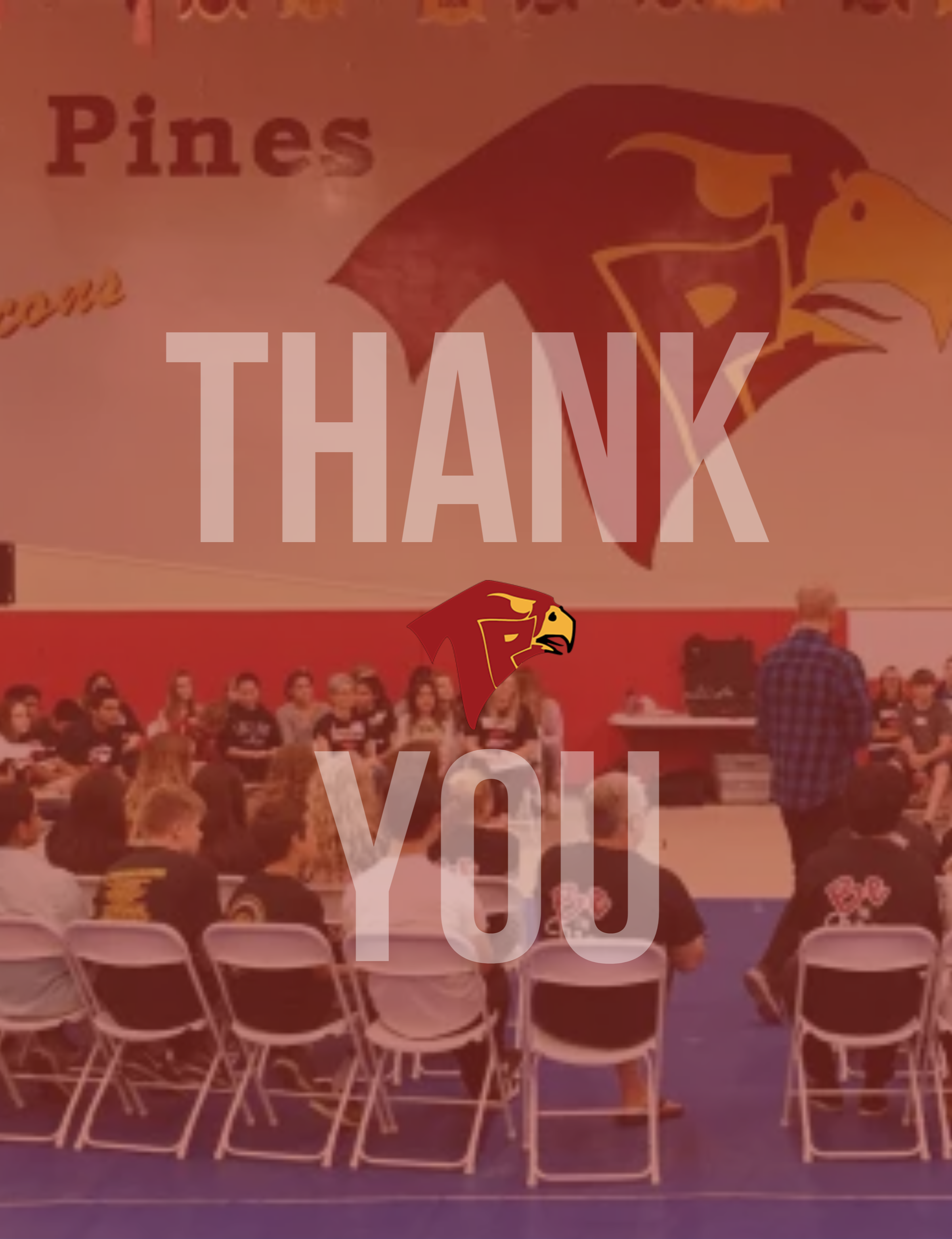 A large group of people seated in white chairs at an indoor event with a red background. The background has a logo featuring a stylized eagle head and a large overlay text that says 'THANK YOU'.
