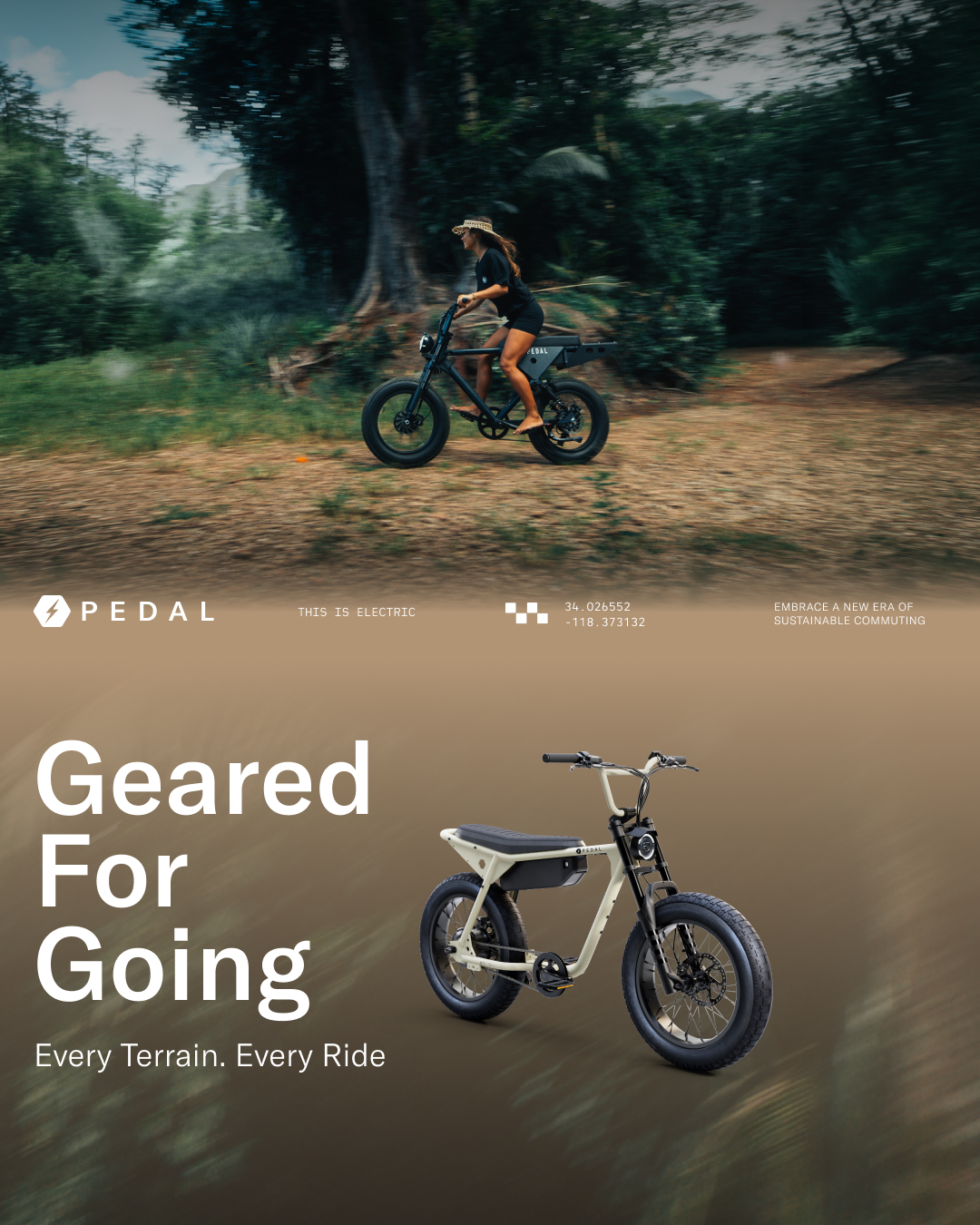 A woman riding an electric mountain bike on a dirt trail in a forest, wearing a hat and black outfit. An image of a beige electric bike with black wheels and a battery pack, with text about sustainable commuting and electric bikes.