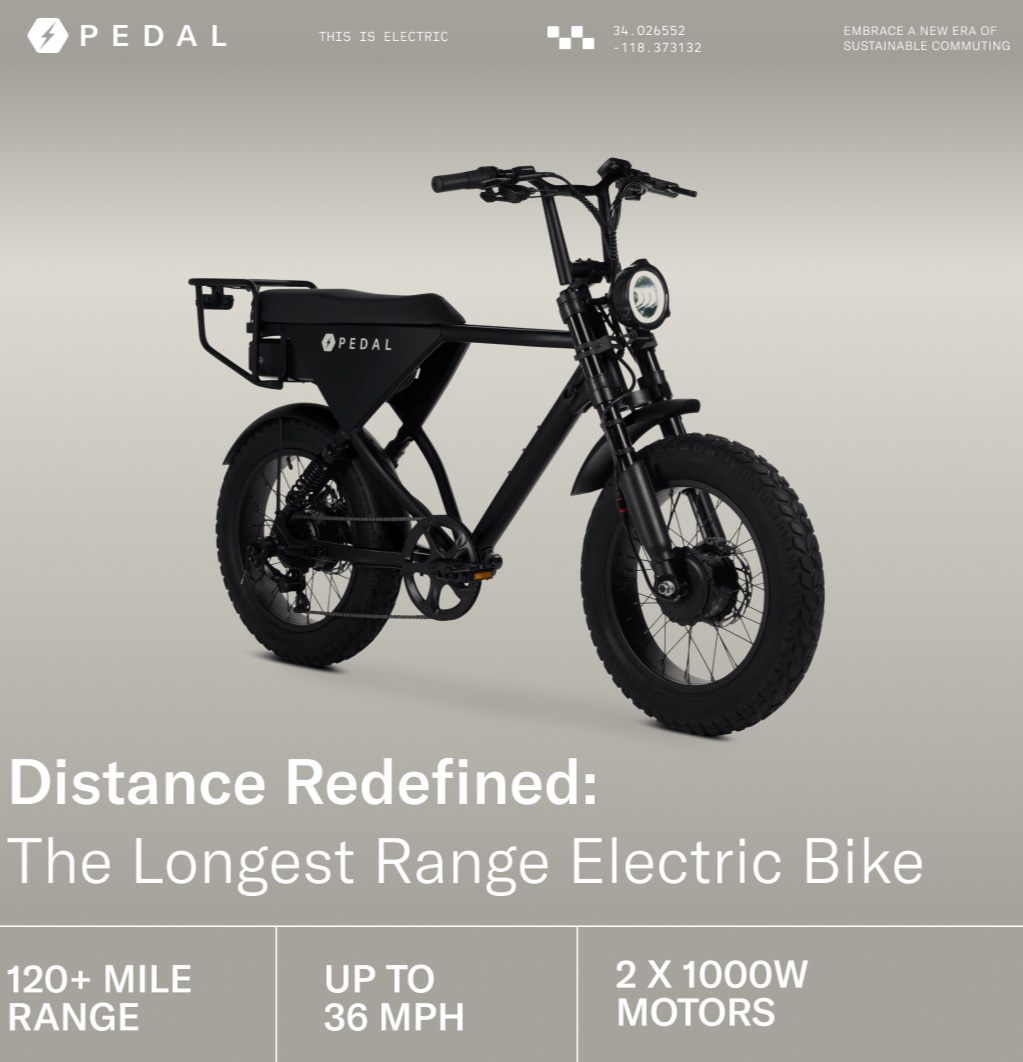 A sleek black electric bike with thick tires, handlebars, and a rear cargo rack, featuring the logo 'PEDAL' on the side, set against a plain, light gray background.