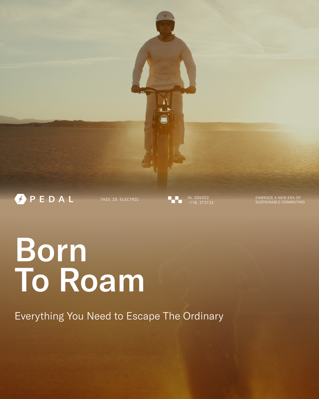 A person riding an electric bicycle on a flat terrain during sunset, wearing a helmet and sunglasses, with an inspirational message about sustainable commuting.