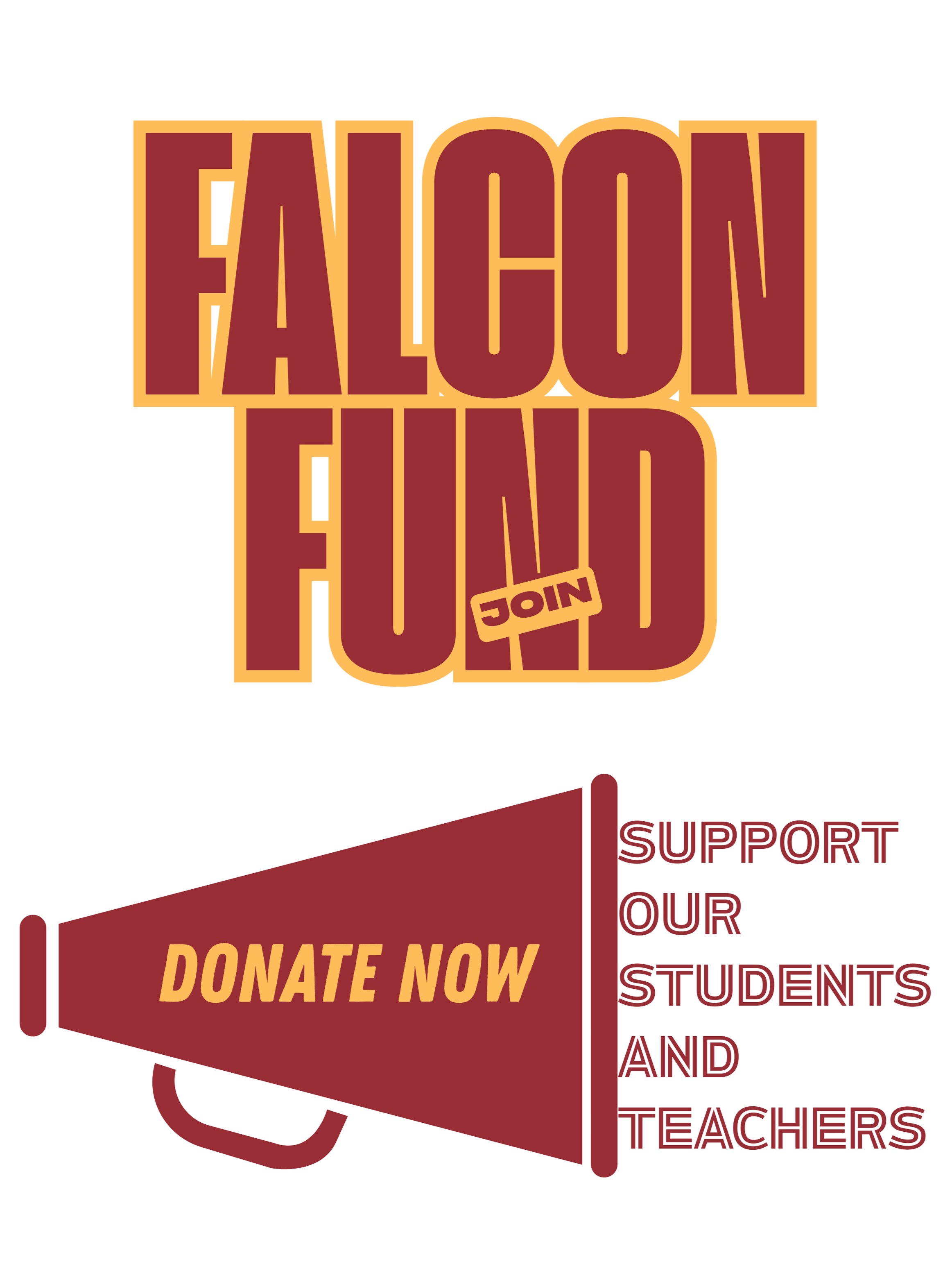 A graphic with a red megaphone and the message "Donate Now" in yellow, encouraging donations to support students and teachers.