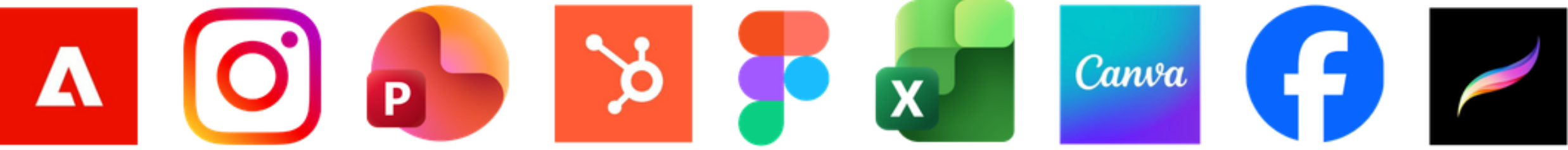 A row of various software application icons including Adobe, Instagram, PowerPoint, HubSpot, Excel, Canva, Facebook, and a feather logo.