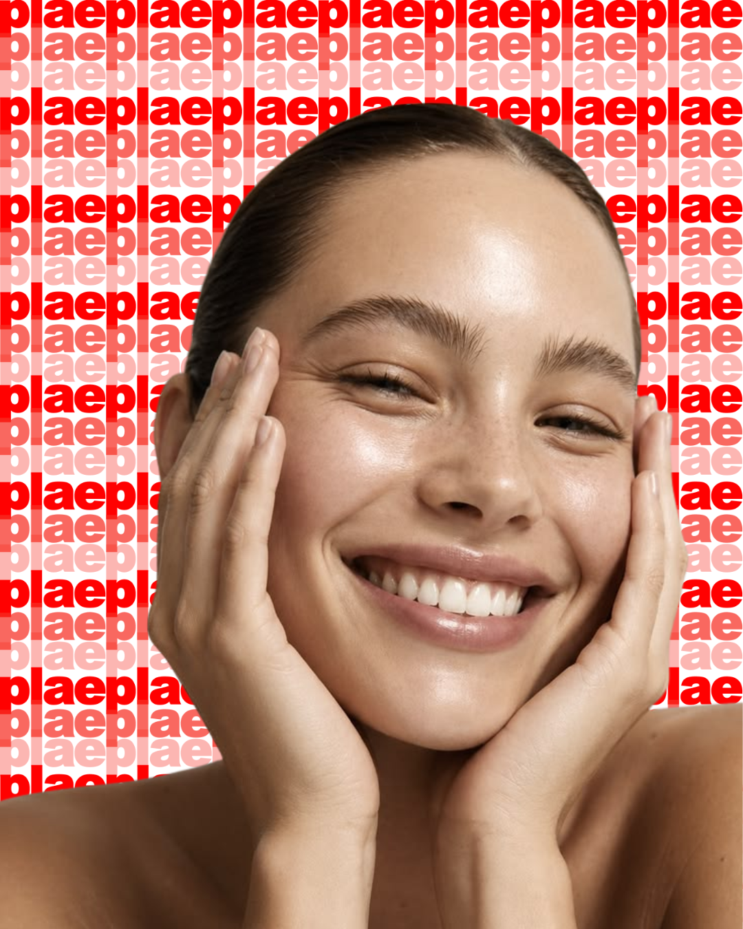 A woman smiling with her hands on her face in front of a background featuring the repeated word 'plae' in red and pink.