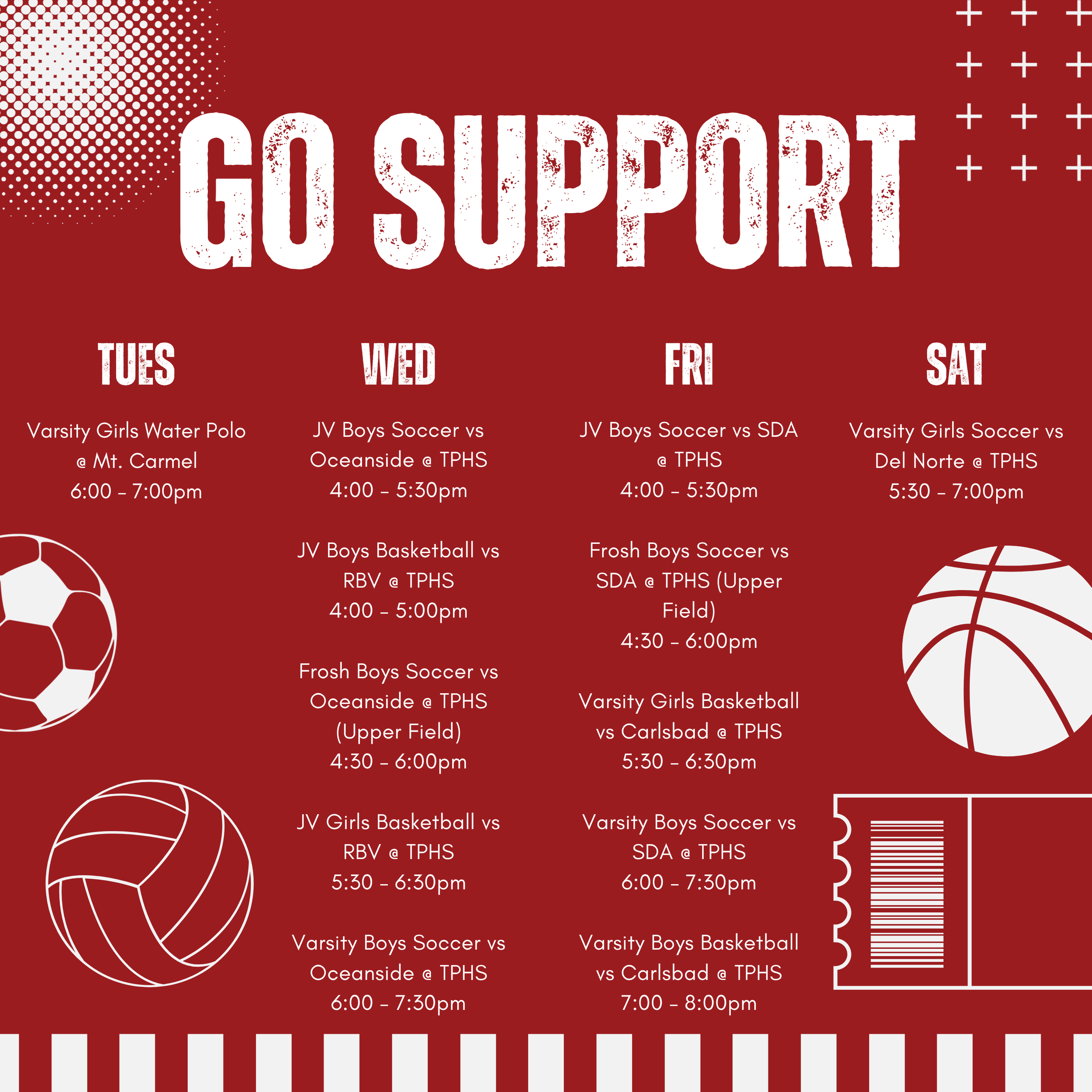 School sports schedule poster with a red background, white text, and sports-themed graphics like soccer balls and a basketball. It lists various game times for different teams from Tuesday to Saturday.
