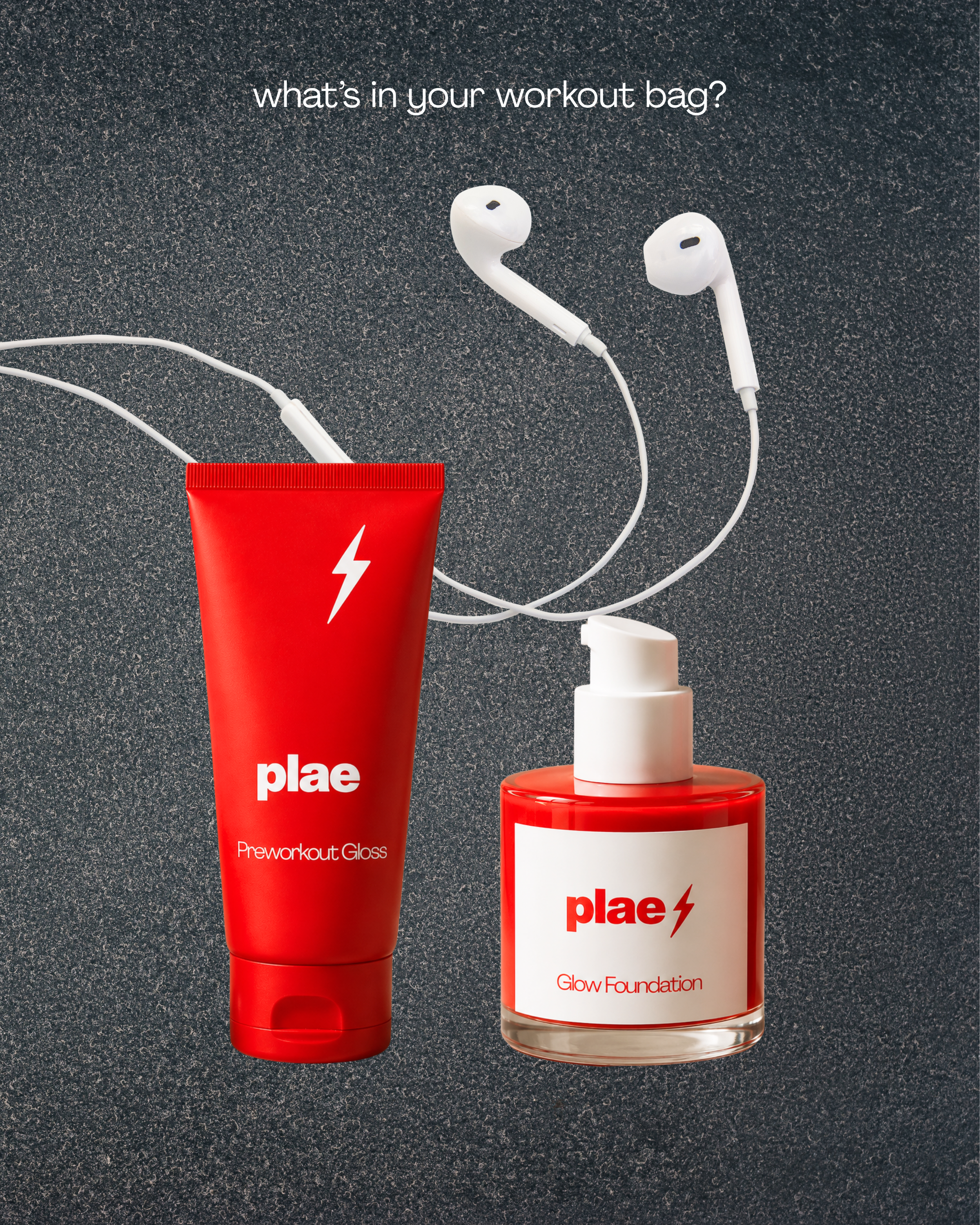 A red tube of pre-workout gel labeled 'plae' and 'Preworkout Gloss' with a lightning bolt symbol, alongside a white bottle labeled 'Glow Foundation' with the word 'plae' and a lightning bolt.