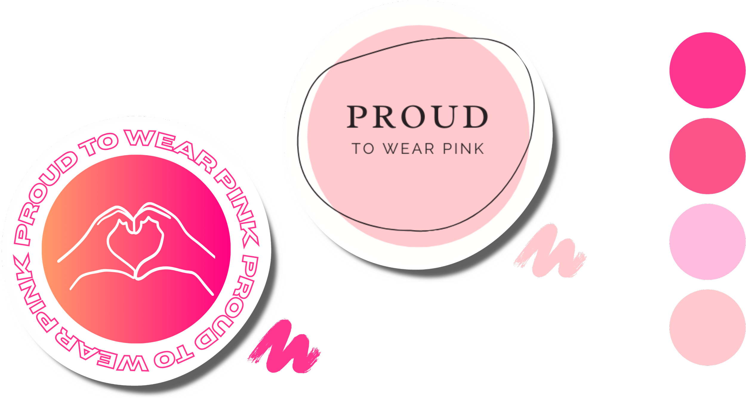 Colleage sticker with pink and orange gradient background and white outline of hands forming a heart, surrounded by pink text that reads "Proud to wear pink," and pink circles with color swatches to the right.