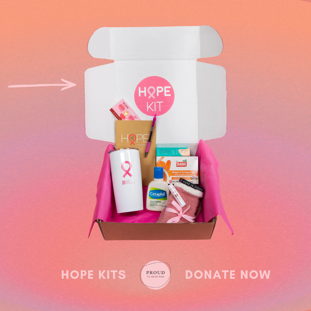 Open box containing hope-themed items including a water bottle, hand sanitizer, tea, socks, and a notebook, with pink tissue paper lining the box, set against a pink background with text promoting hope kits and donations.