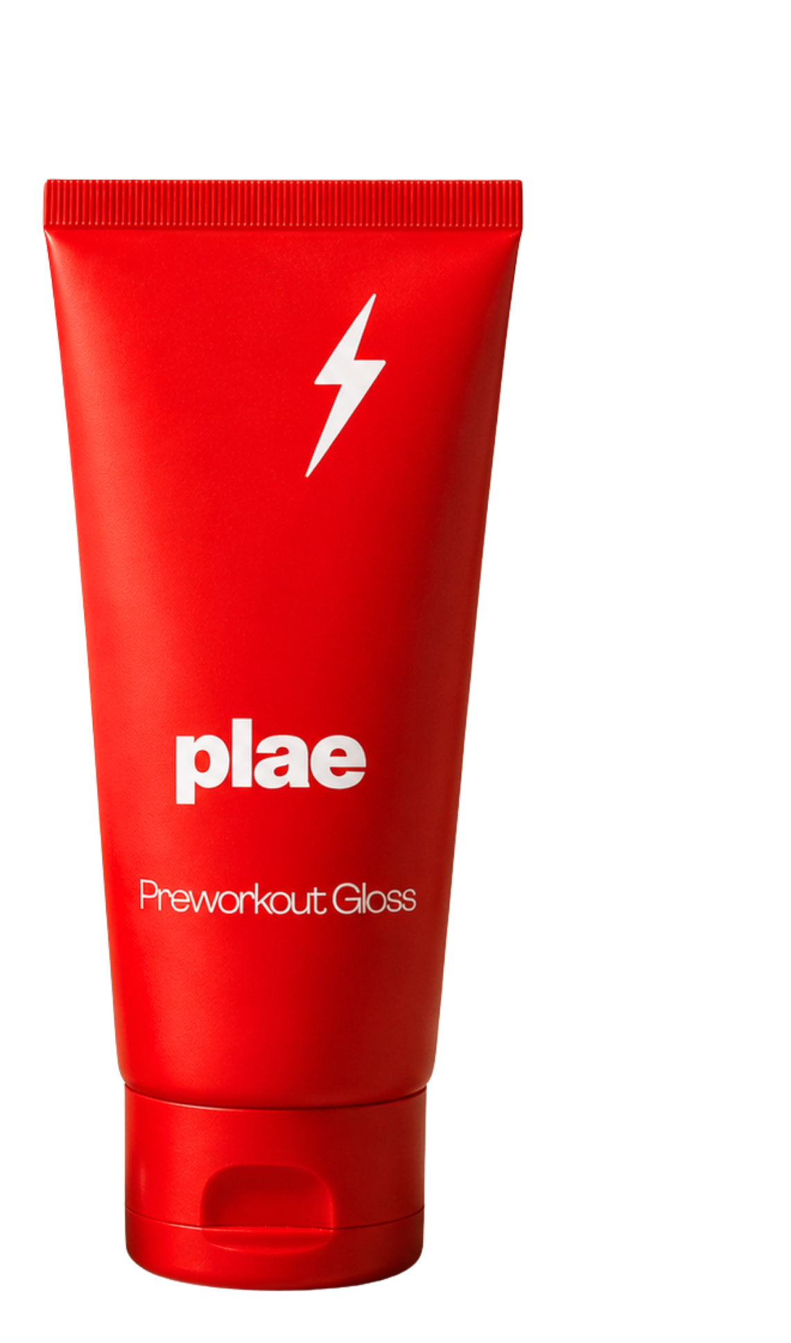 A red tube of pre-workout gloss with a white lightning bolt icon and the words 'plae' and 'Preworkout Gloss' written on it.