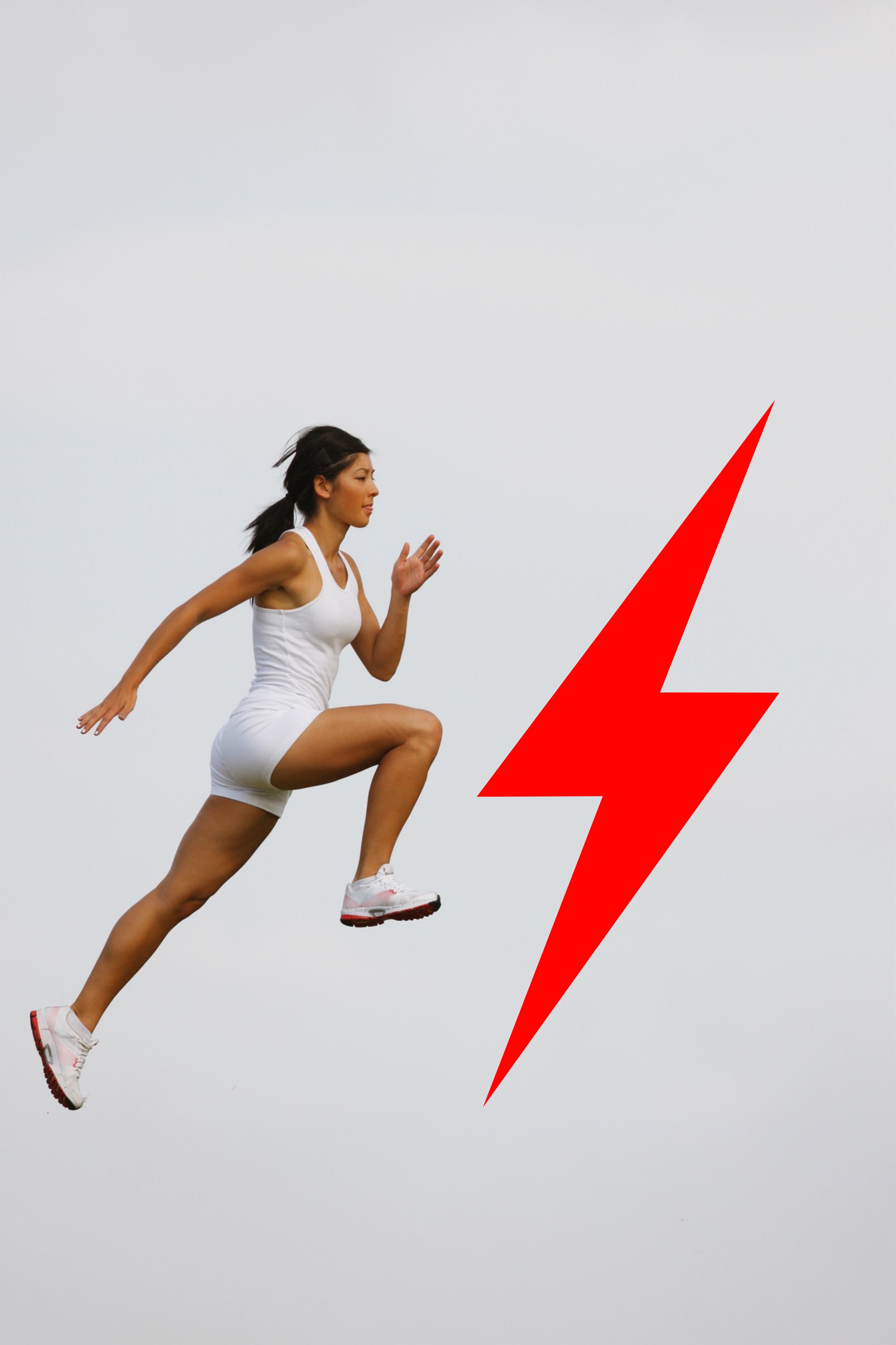 A woman in white athletic wear running against a plain sky with a red lightning bolt graphic in the foreground.