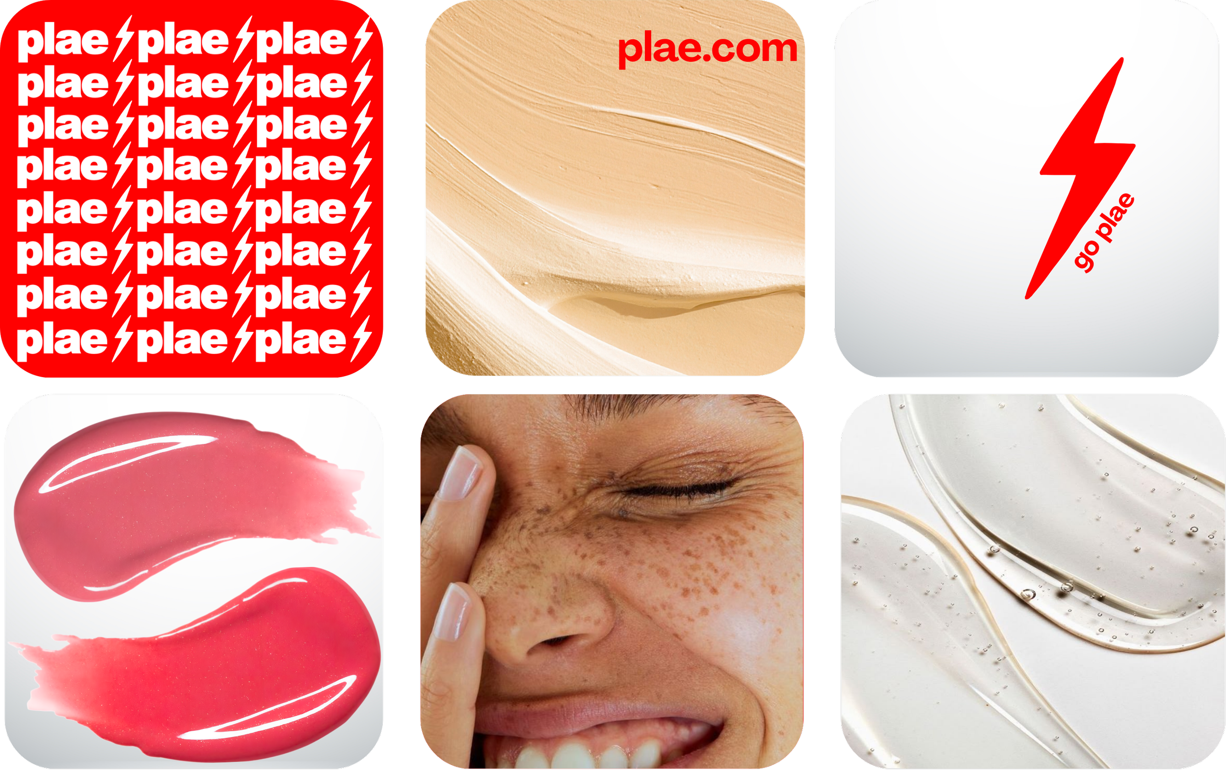 A collage of six images, including a repeated red and white logo with the words 'plea ple' and a lightning bolt, a close-up photograph of a beige sand dune, a white background with a red lightning bolt graphic and the words 'go pl,' a close-up of a pink fingernail polish swatch, a smiling person with freckles pinching the skin near their eye, and a swirling pattern of beige and white paint.