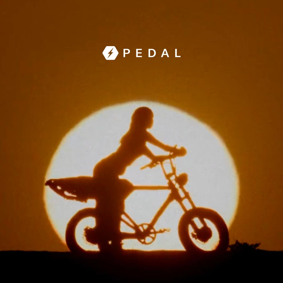 Silhouette of a girl riding a bicycle in front of a setting sun.