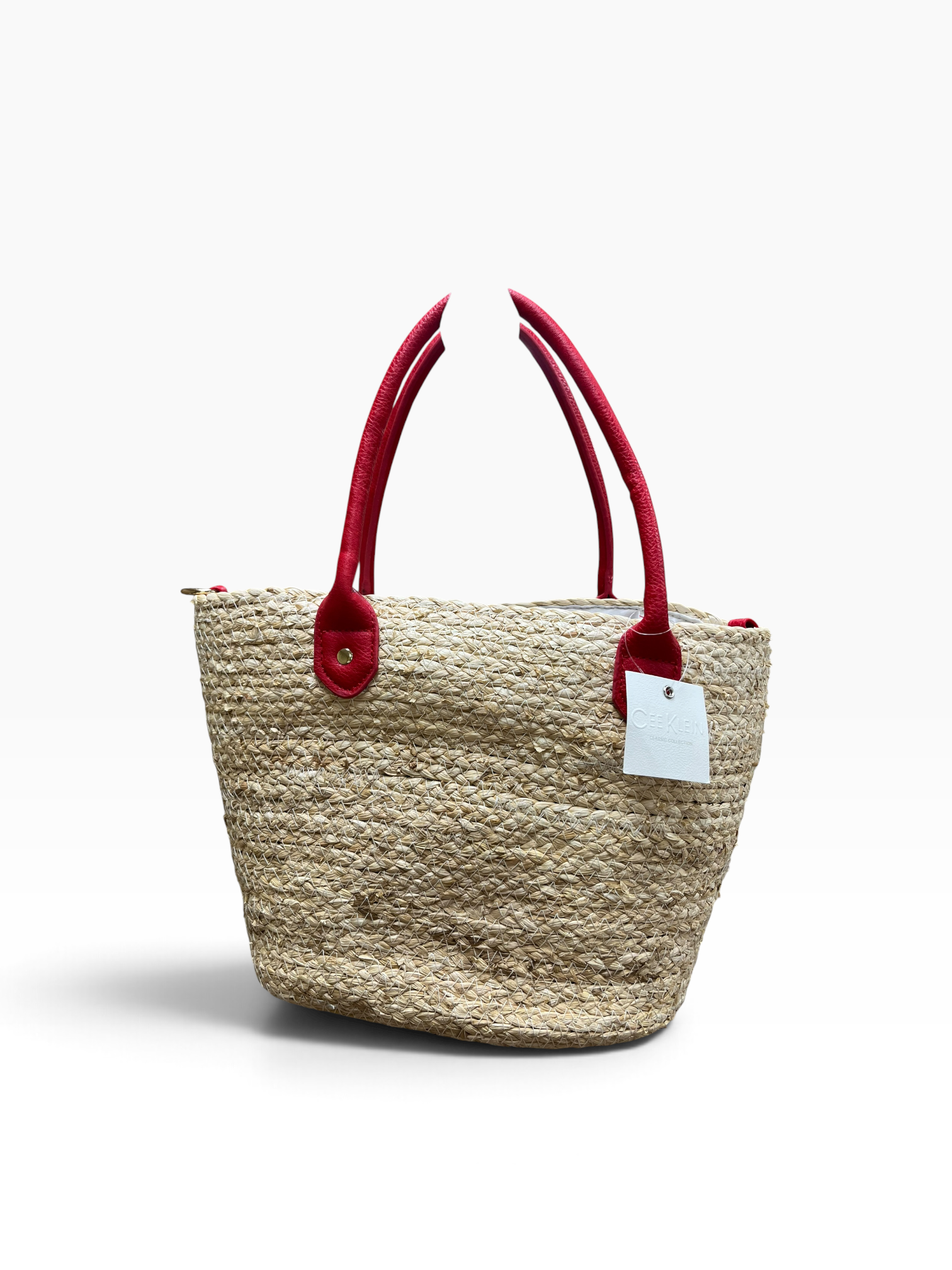 Straw Woven Tote Bag with Red Handles