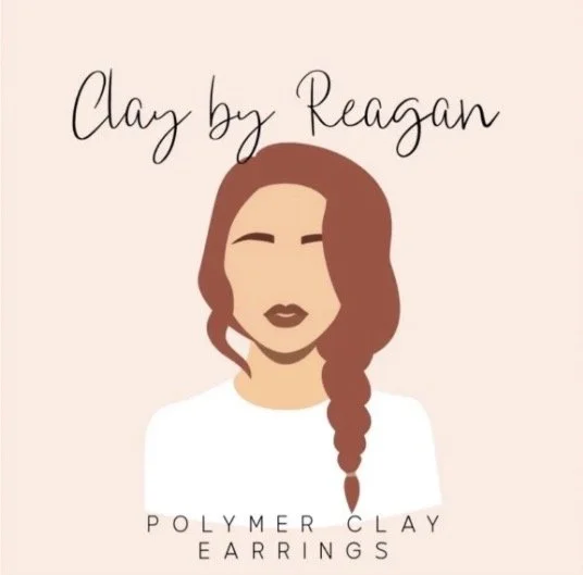Illustration of a woman with long braided hair and dark lipstick, with text "Clay by Reagan" at the top and "Polymer Clay Earrings" at the bottom.