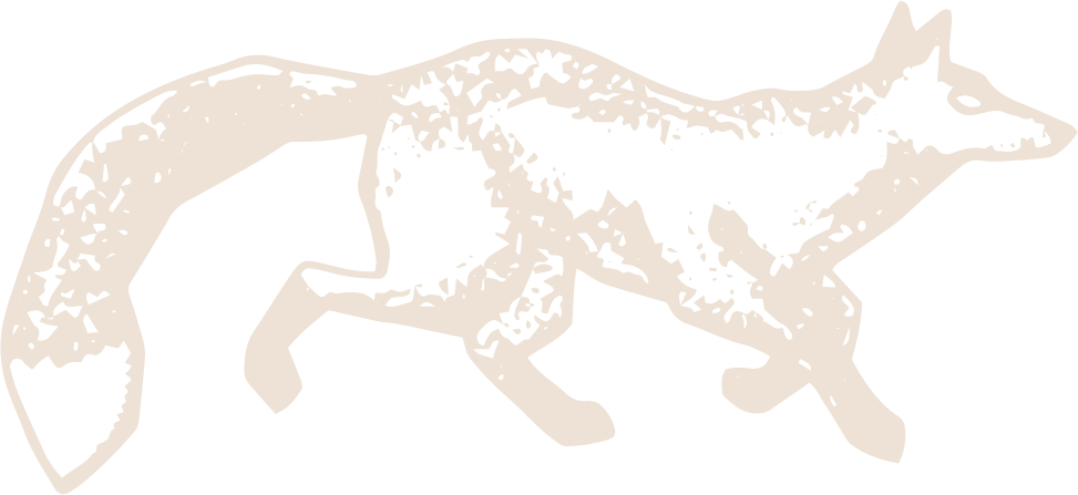 Silhouette of a fox in a walking stance against a black background.