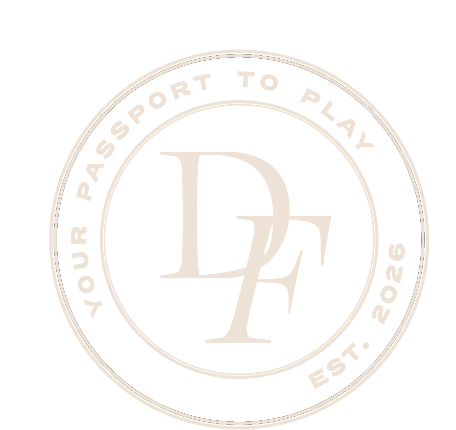 A circular logo with a black background and white text that reads "Your Passport to Play" and "EST. 2026." in a ring around the center, which contains stylized initials "D" and "F".