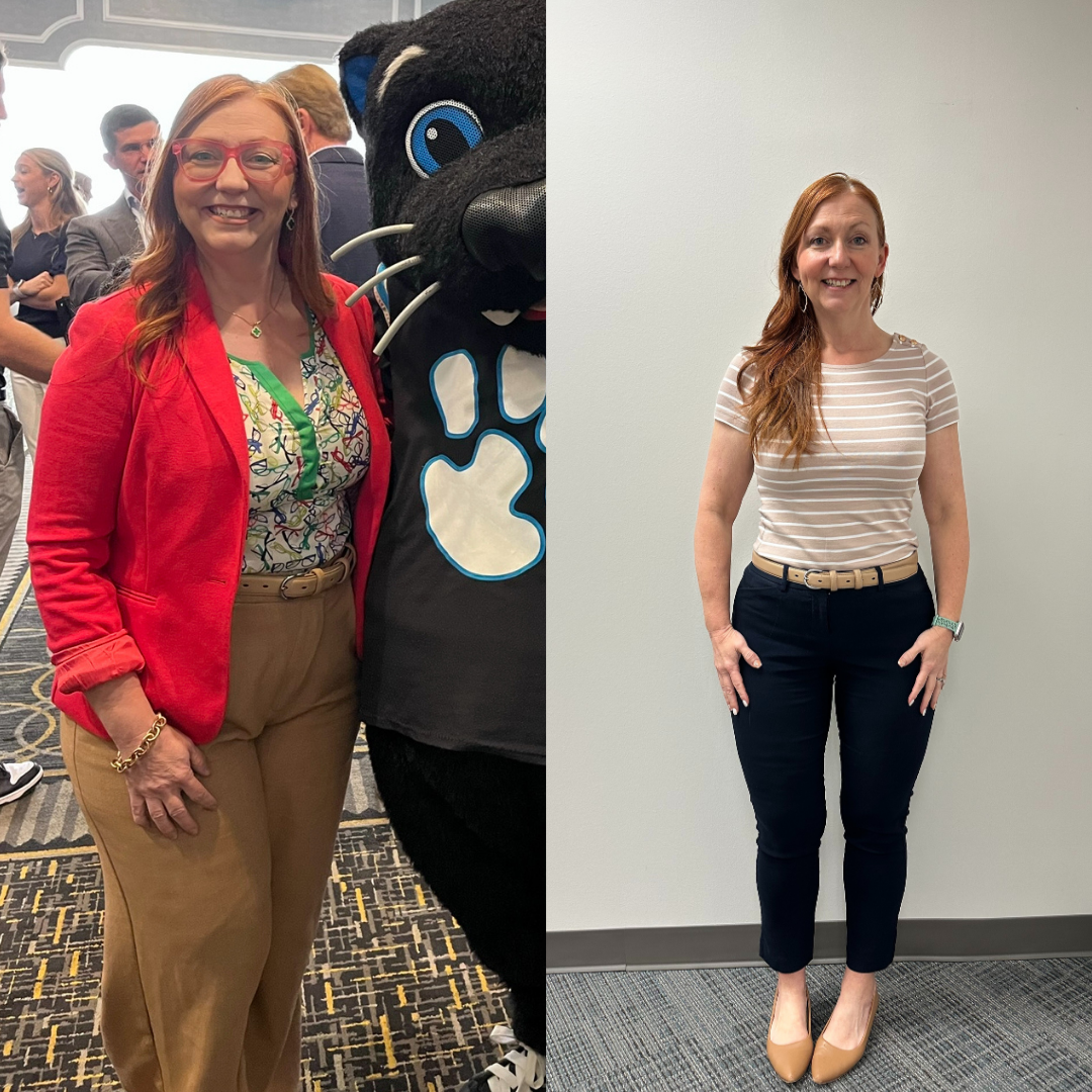 Side-by-side photos of a woman with long red hair. The left photo shows her smiling at an event, wearing a red blazer, patterned blouse, and tan pants, with a person in a black panther costume nearby. The right photo shows her standing against a plai