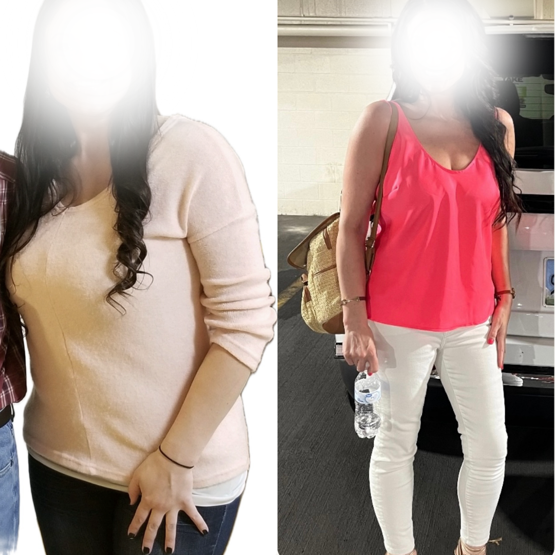 Side-by-side photos of a woman with long dark hair. The left photo shows her wearing a beige sweater with rolled-up sleeves, and the right photo shows her in a bright pink sleeveless top and white pants, holding a water bottle.