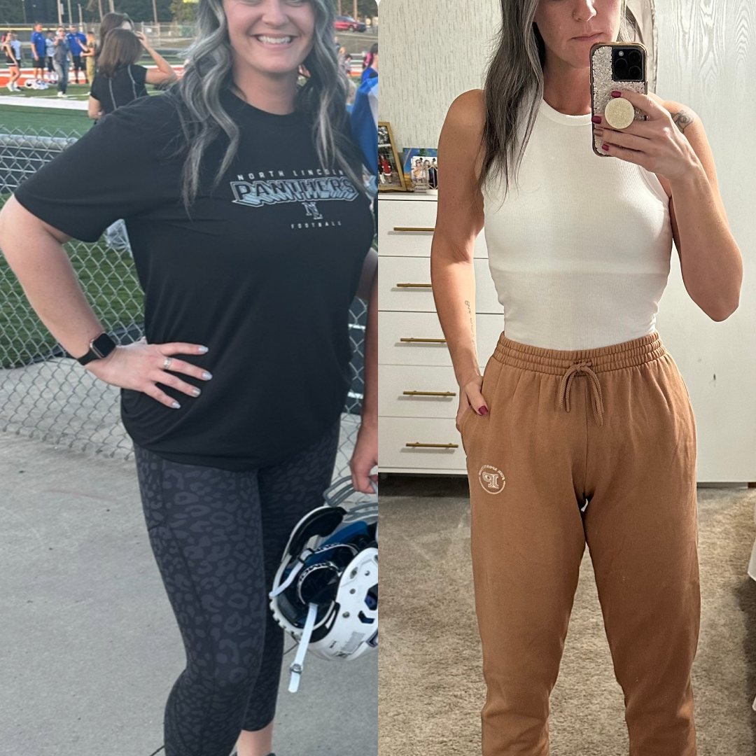 Side-by-side comparison photo of a woman before and after weight loss. On the left, she is dressed in a football team jersey and patterned leggings at an outdoor event, smiling with her hand on her hip. On the right, she is in a white sleeveless top 
