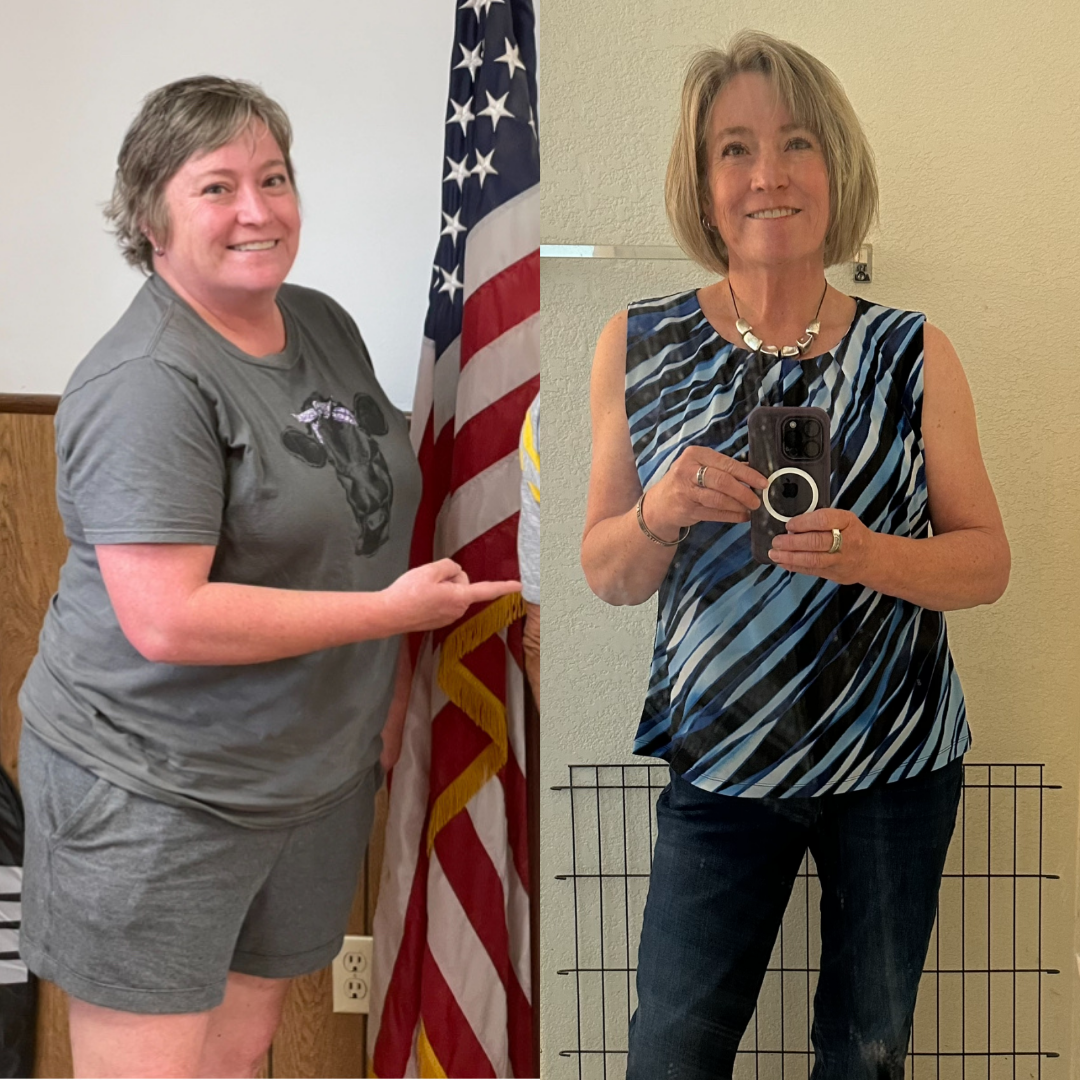 Side-by-side comparison of a woman before and after weight loss, smiling in both photos. In the first, she is wearing a gray T-shirt and shorts, standing indoors next to an American flag. In the second, she is wearing a sleeveless, patterned top and 
