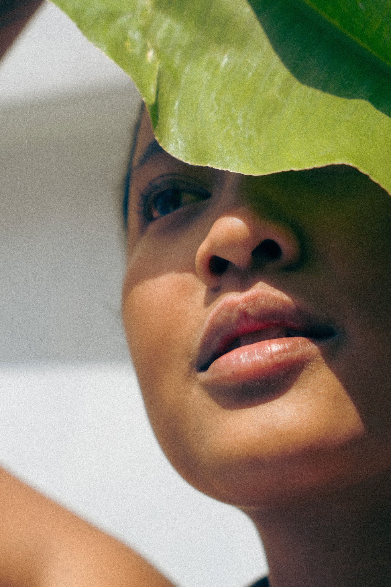 Close-up of a person's face, partially obscured by large green leaves, showing the eyes, nose, and lips.