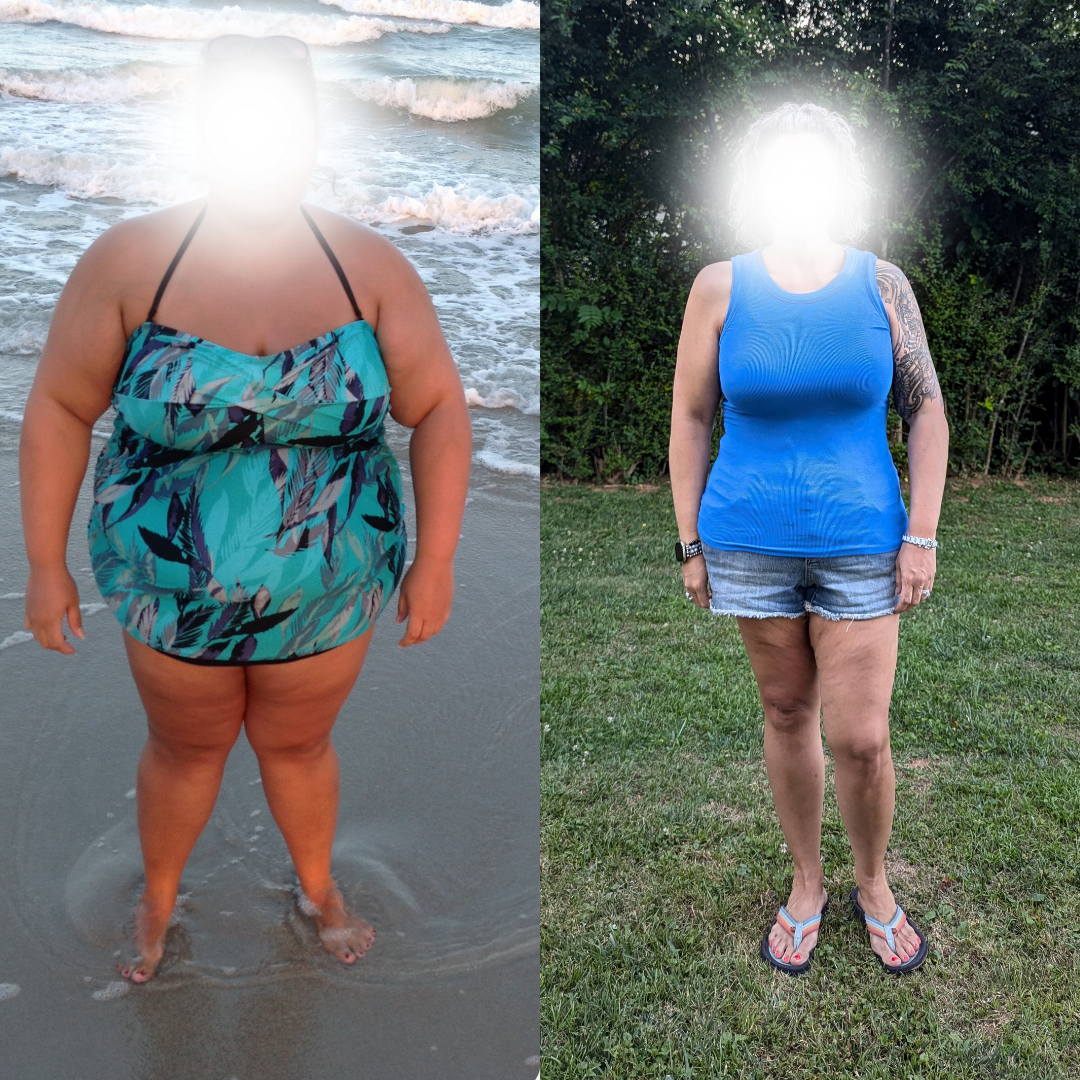 Side-by-side photos of the same woman. On the left, she is at the beach wearing a bikini, standing in the water with waves behind her. On the right, she is standing outdoors on grass wearing a blue tank top, denim shorts, and flip-flops, with trees i