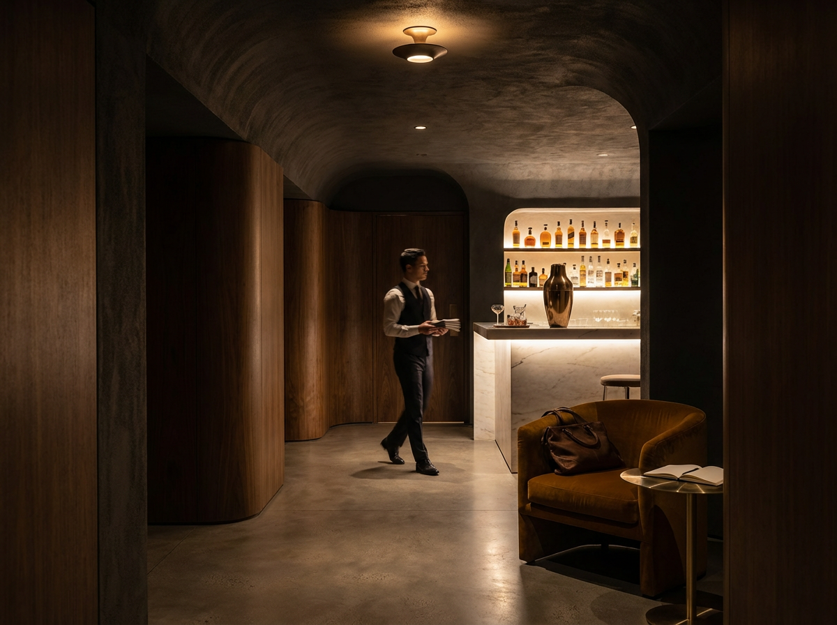 A bartender walks through a dimly lit, modern bar with wooden walls and a marble countertop. The bar has bottles of alcohol on shelves behind it, illuminated from below. There is a mustard-colored armchair with a brown bag and an open book on a small side table nearby.