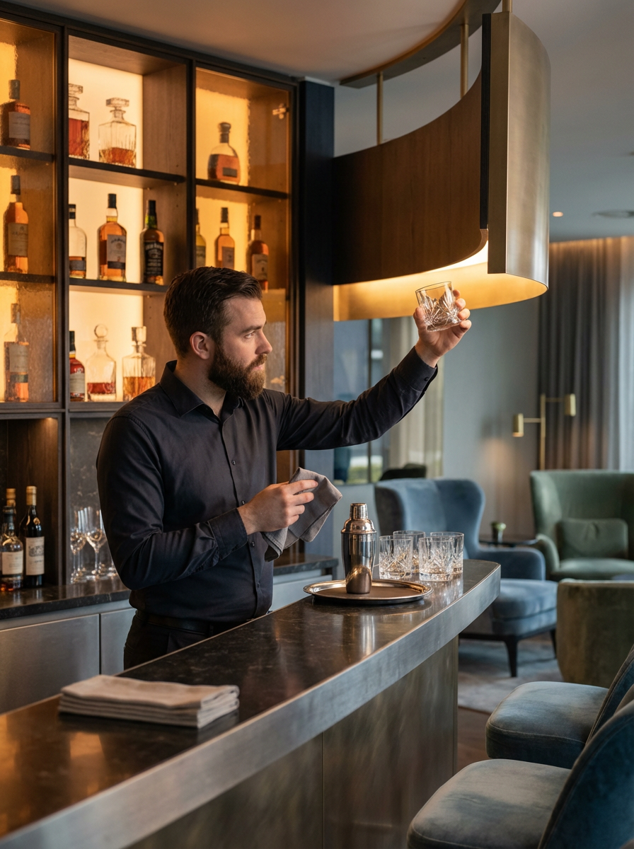 A bartender with a beard in a black shirt preparing a drink at a bar, with liquor bottles on display behind him and glasses on the counter.