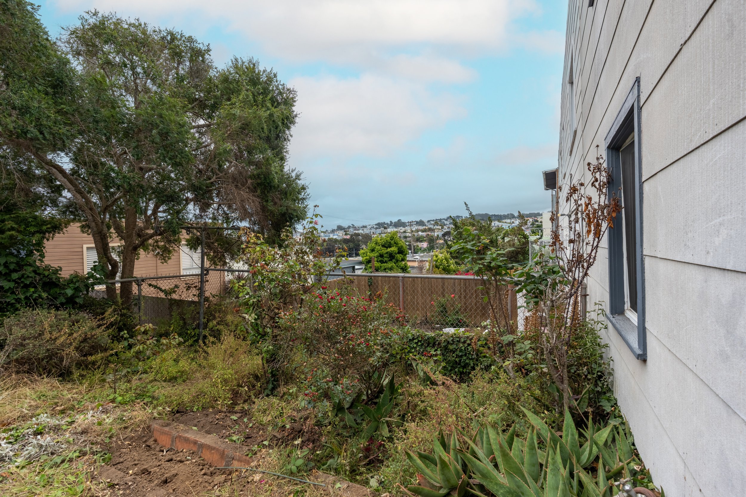 A backyard with a white house wall on the right, and various plants and bushes along a fenced area. In the background, there are trees and a view of houses on a hill under a partly cloudy sky.