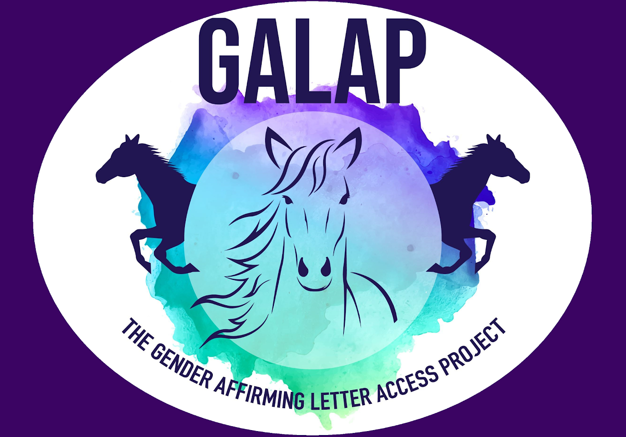 White and purple logo featuring three horses. The acronym GALAP is across the top, with the full name "The Gender Affirming Letter Access Project" across the bottom of the logo.