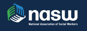 Blue rectangle with three stylized hands holding each other. Central to the logo are the lowercase letters "nasw" with the full words spelled out below: "National Association of Social Workers".