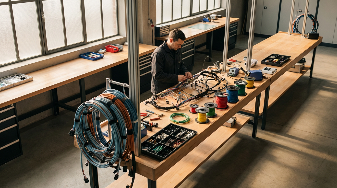 Man working on wiring or electronics project at a long wooden workbench in a well-lit industrial space