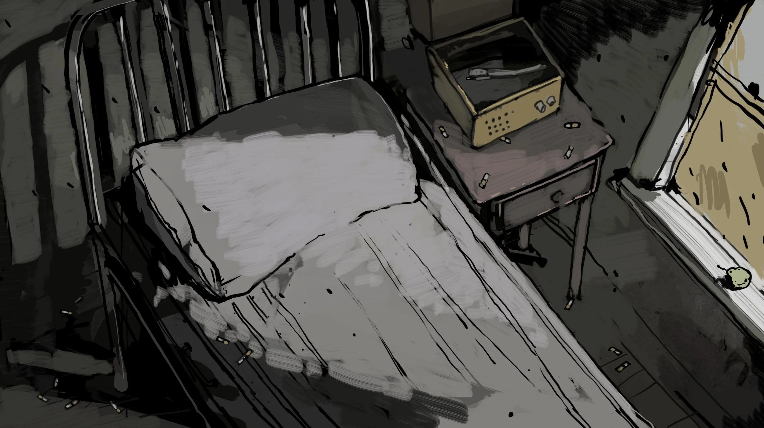 A narrow bed and a small radio on the bedside table in a shadowed bedroom — The Renter.