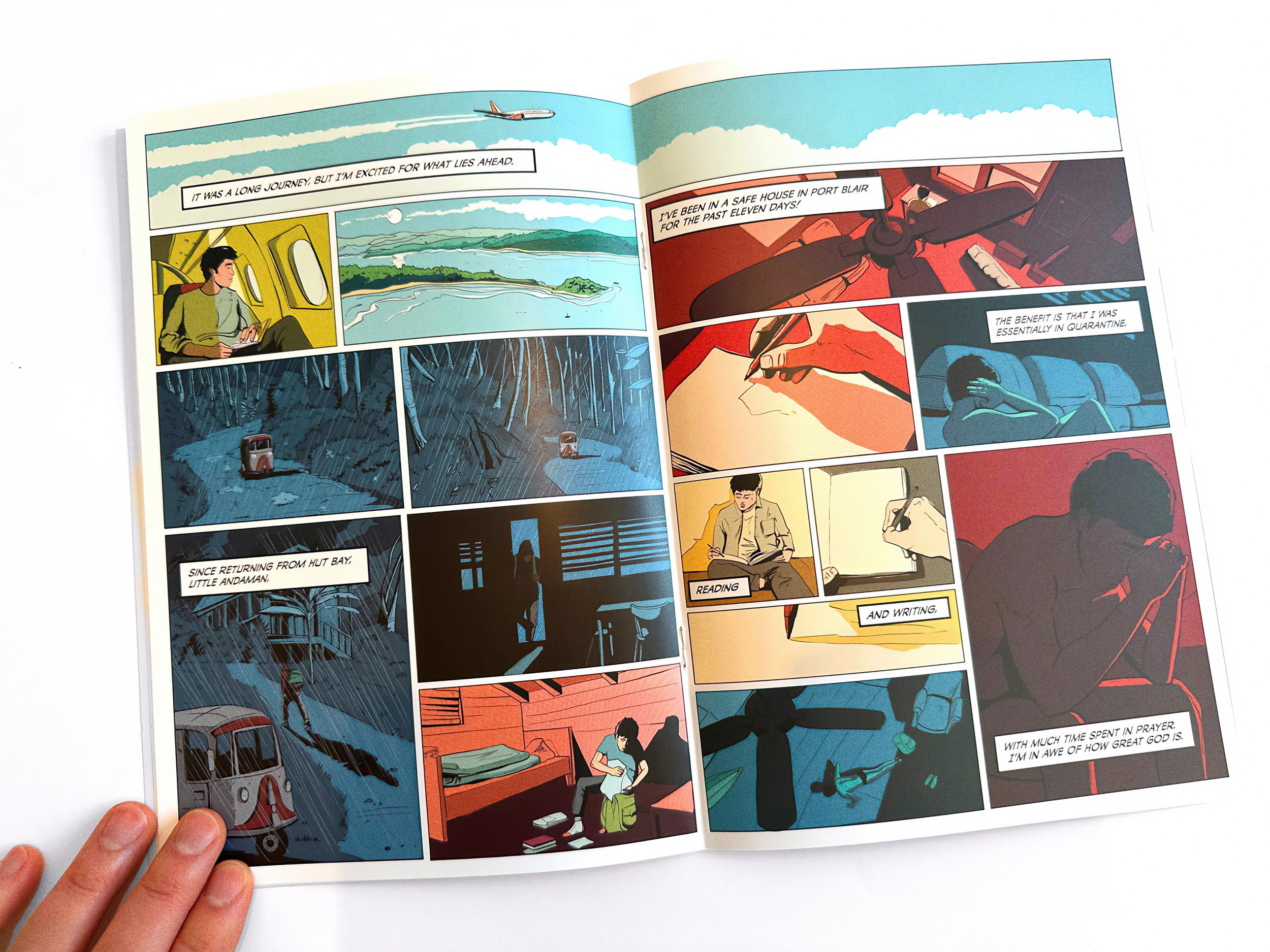 A comic spread of John Chau's journey: he flies to the Andaman Islands, rides an auto-rickshaw through monsoon rain, and waits in a Port Blair safe house reading, writing and praying. A caption reads "I've been in a safe house in Port Blair for the p