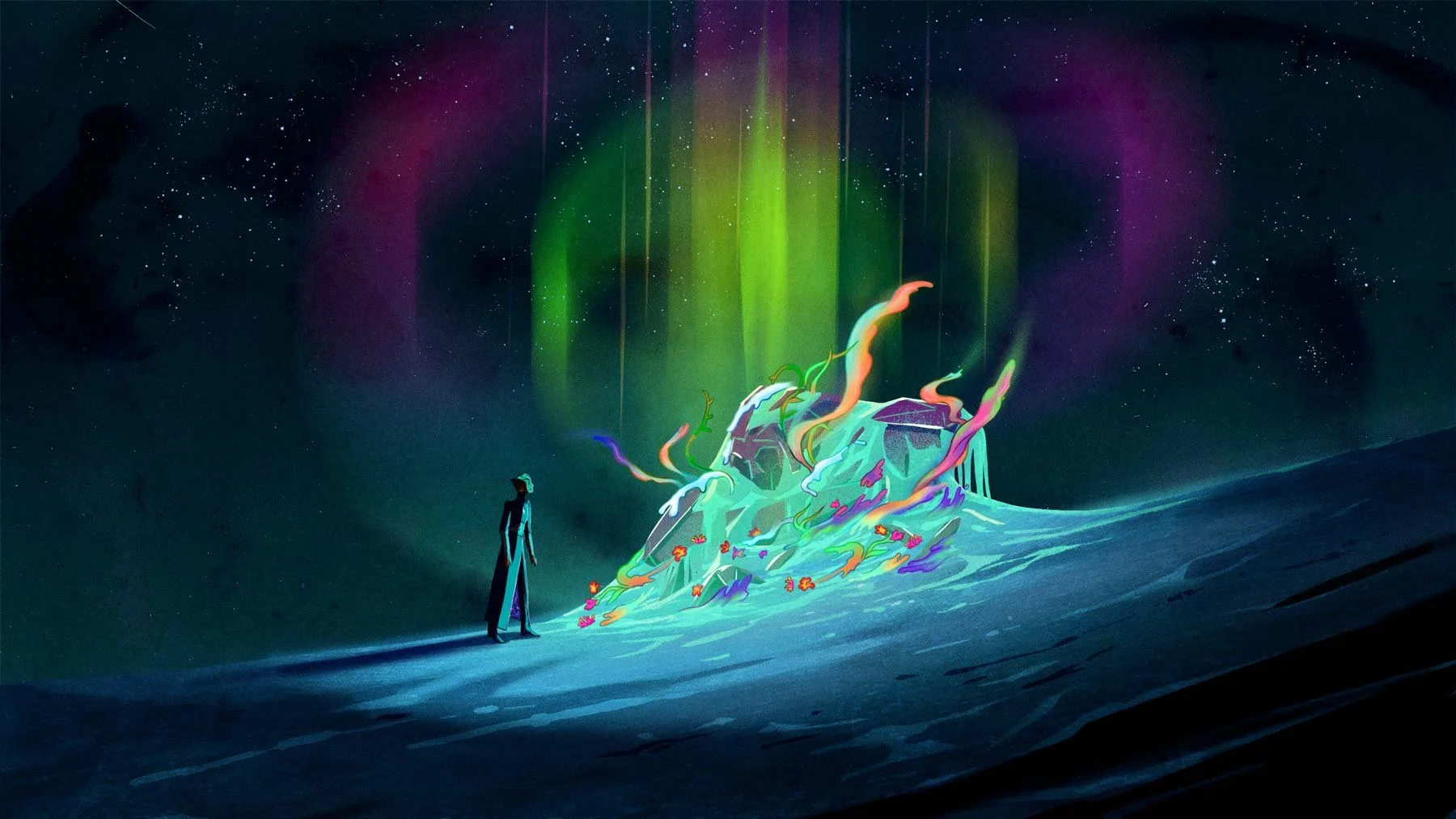 Panoa stands before the ancient machine, now awake, its [eyes/lights] glowing — The Forgotten Four, Meow Wolf.