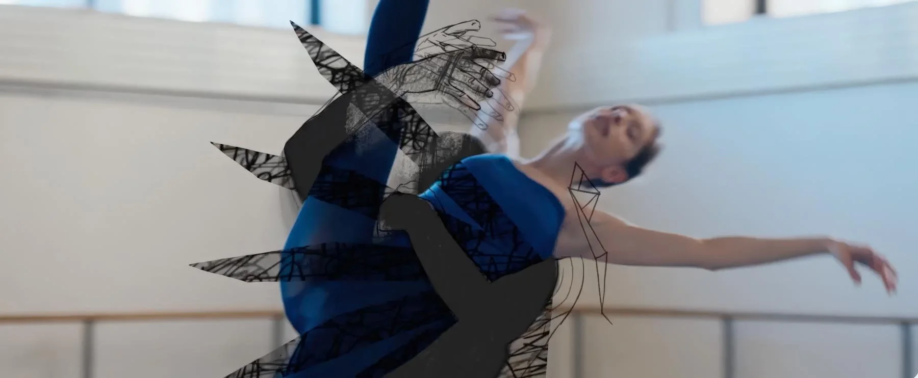Drawn figures tumble around the ballerina as she arches back — The Shimmering Asphalt, New York City Ballet.