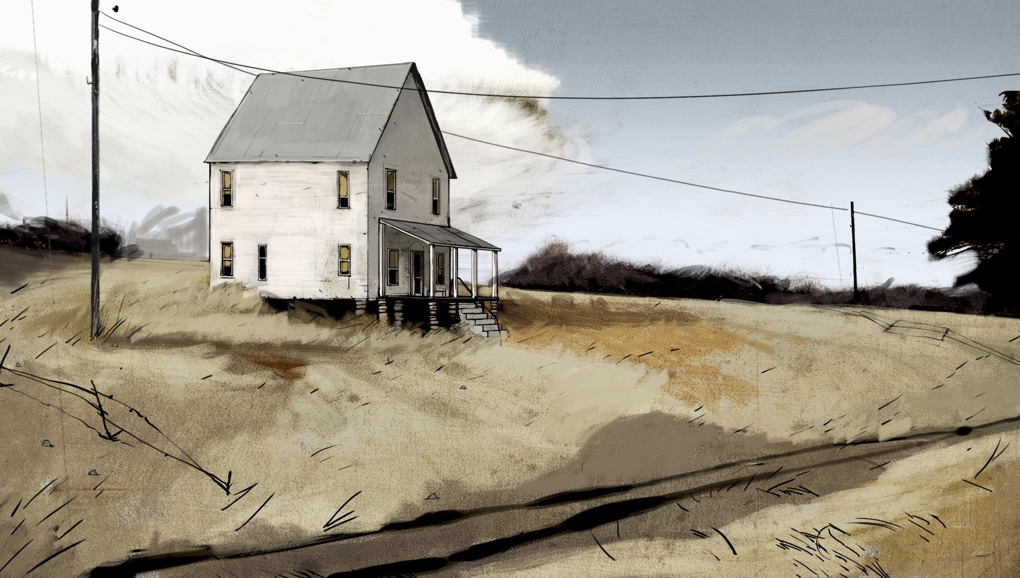 A white farmhouse stands alone on a hill of dry, golden grass beneath power lines and a pale sky — The Renter.