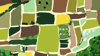 Color script: a patchwork of green farm fields seen from above — The Possibilities of Regeneration, Kiss the Ground.
