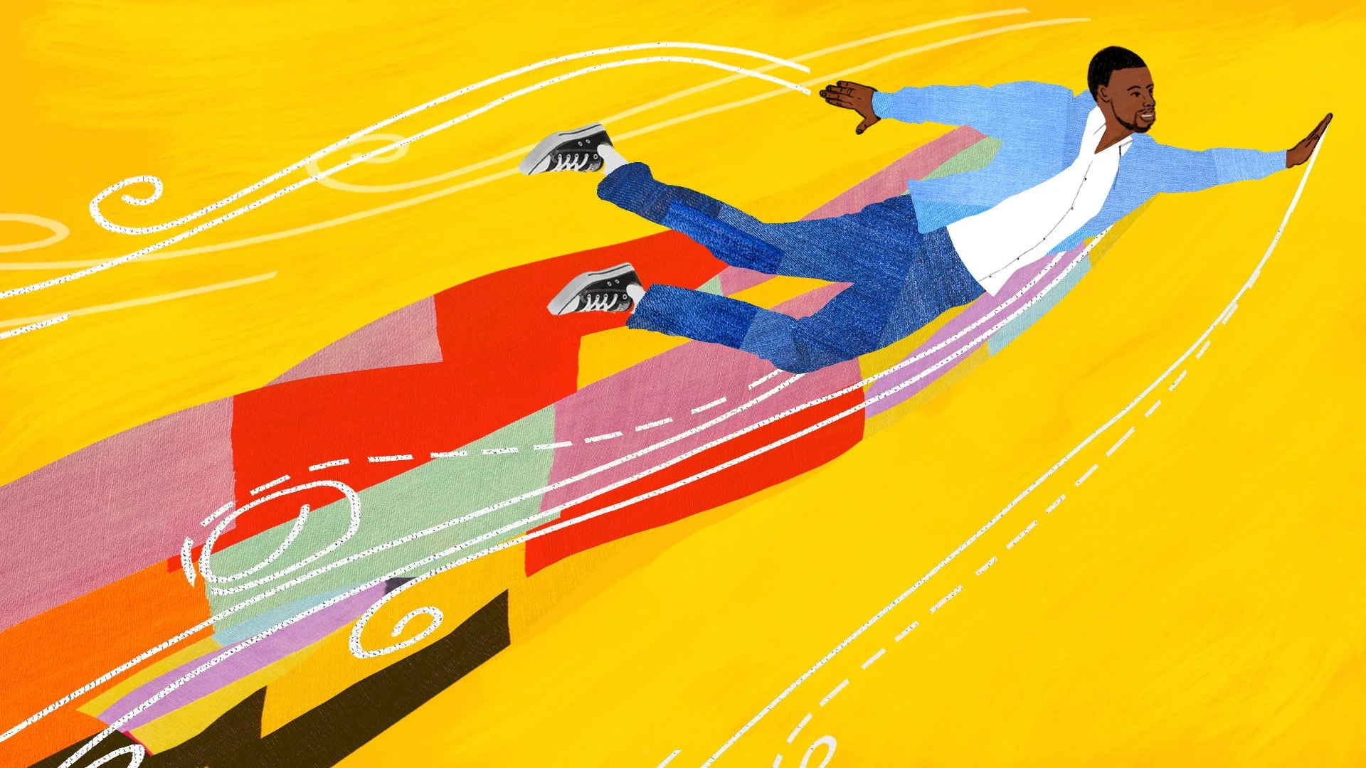 Wearing his new pants, Antwan flies over the prison fence on a trail of bright patchwork fabric — Worn Stories, Netflix.
