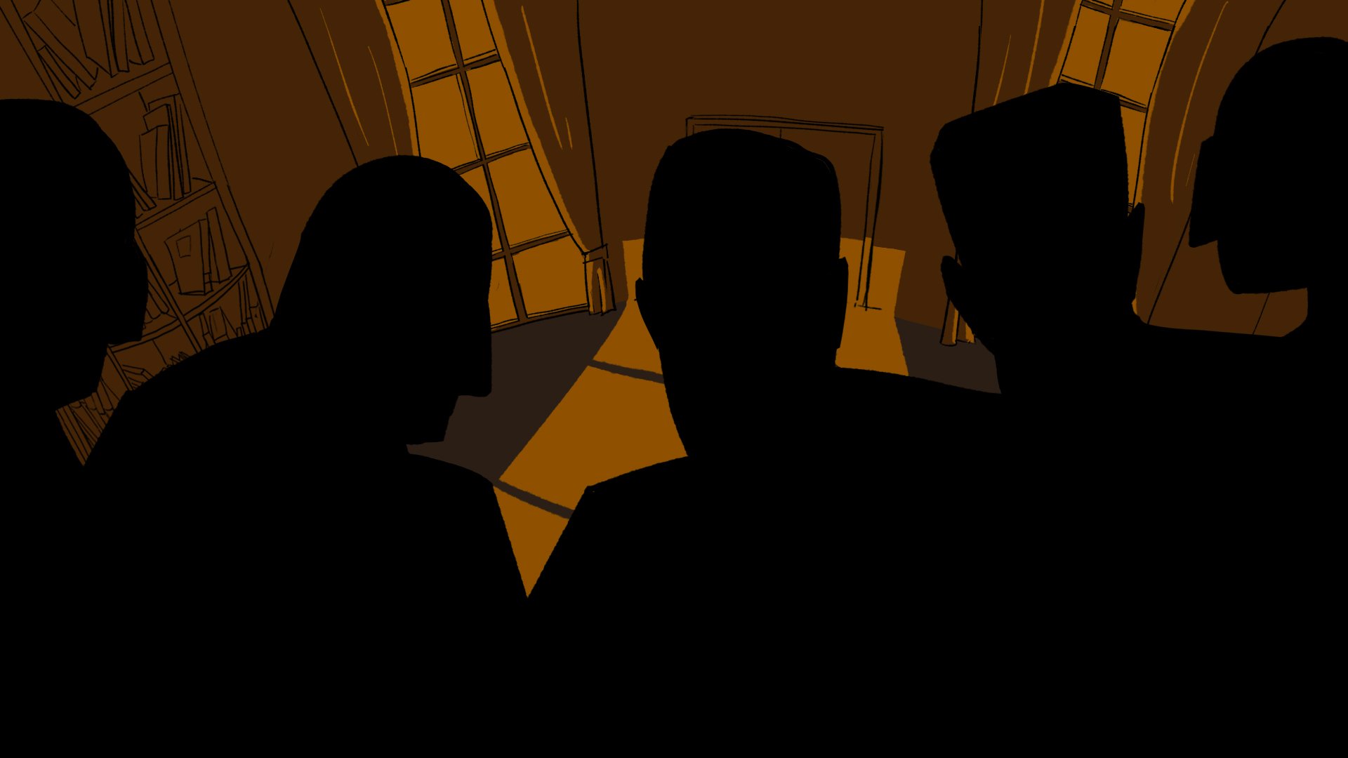 The same committee, seen from behind in dark silhouette — The Forgotten Four, Meow Wolf.
