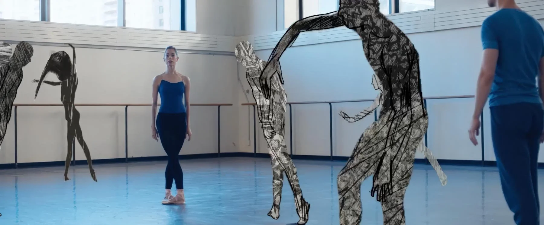 Hand-drawn dancers stride across the studio as the ballerina watches — The Shimmering Asphalt, New York City Ballet.