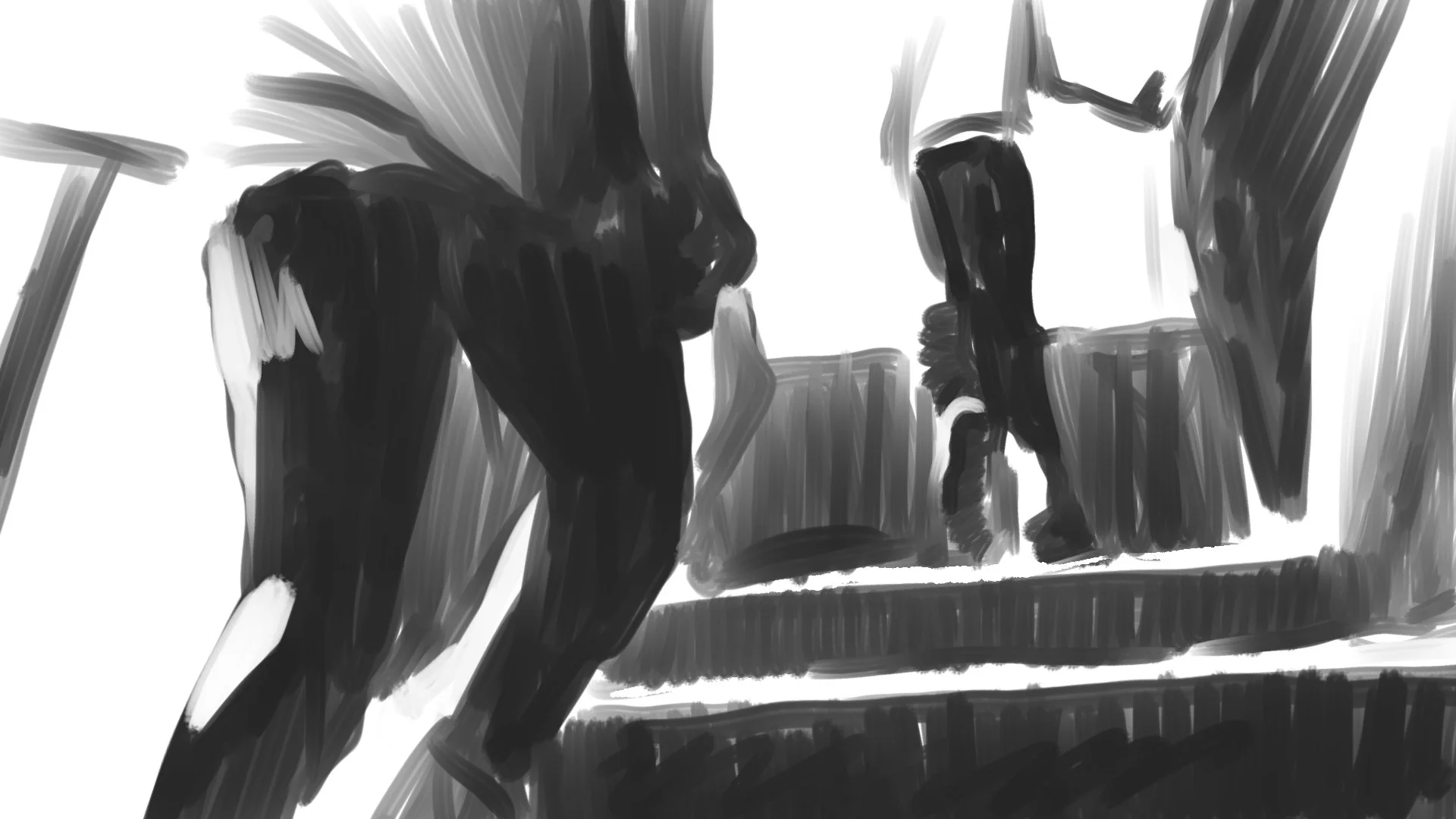 The men climb toward the top of the stairs — The Price of Free.