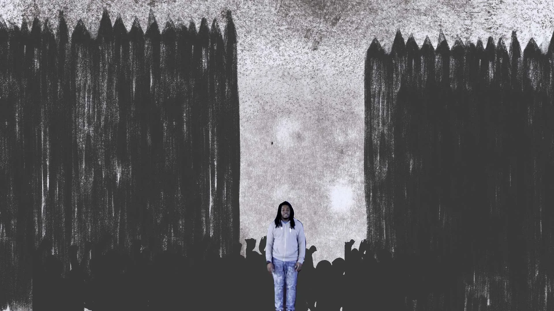 Darius stands between two dark towers above a crowd of silhouetted figures — The Power of Proximity, Skoll World Forum.