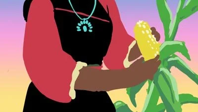 Color script: a woman in a red and black dress and a turquoise necklace holds an ear of corn — The Possibilities of Regeneration, Kiss the Ground.