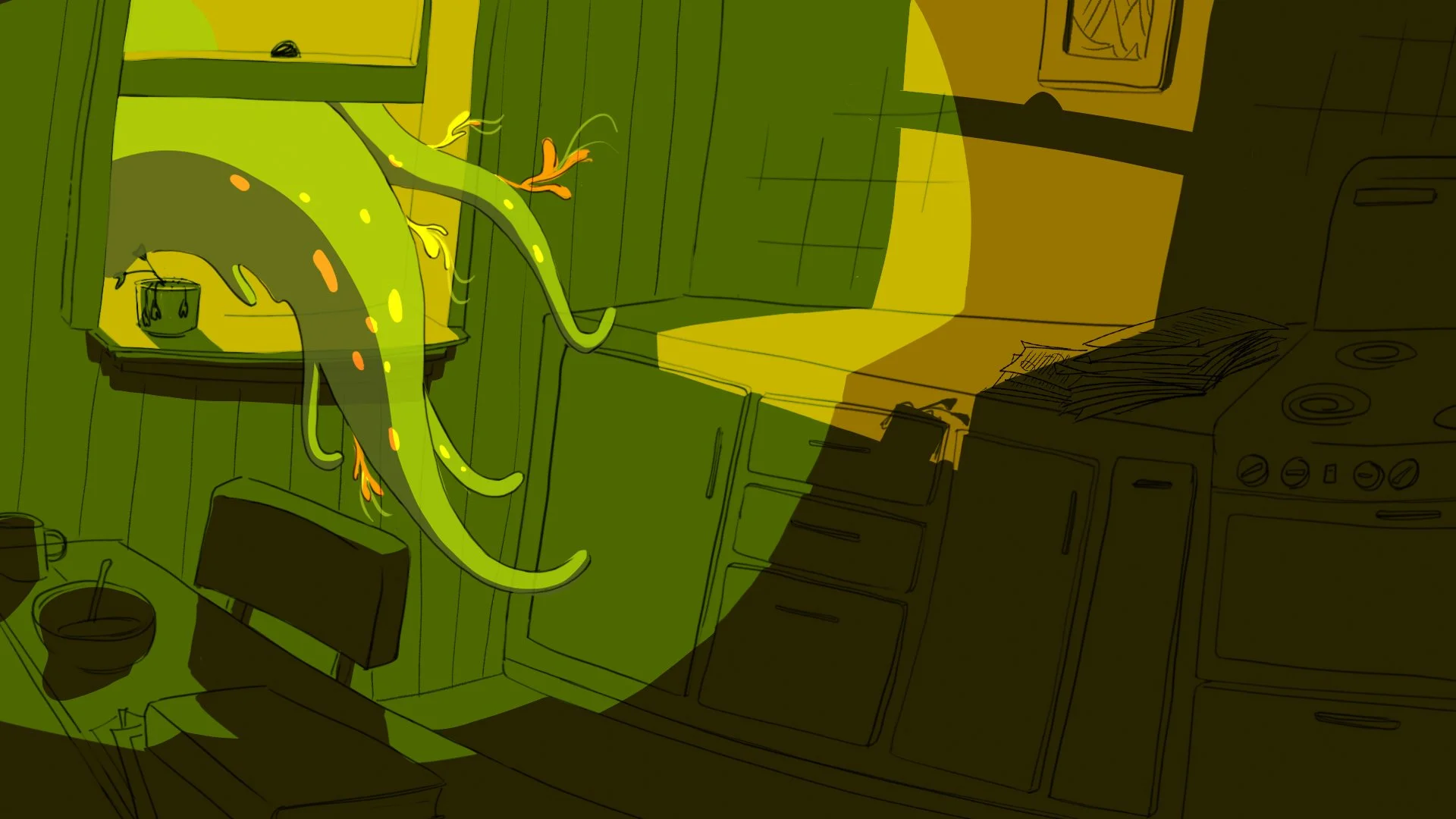 Numina, a glowing green form trailing tendrils, slips through the window of Pam's apartment — The Forgotten Four, Meow Wolf.
