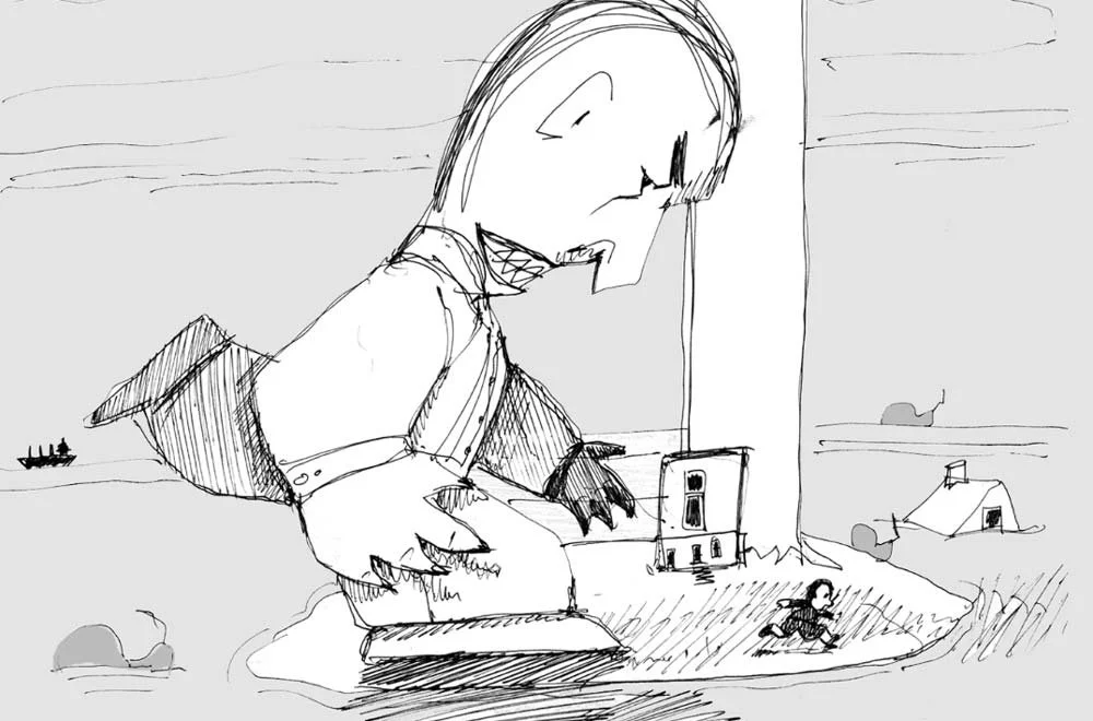 The giant renter chases the tiny boy on an island surrounded by a sea — The Renter.