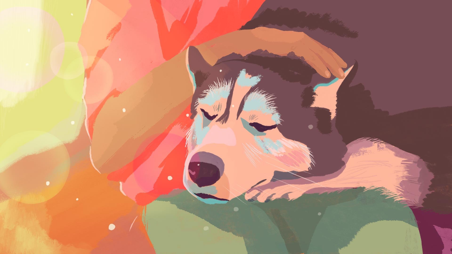 Misty rests her head on Jenny's lap, eyes closed, as a hand gently strokes her head in warm orange and pink light — Misty.