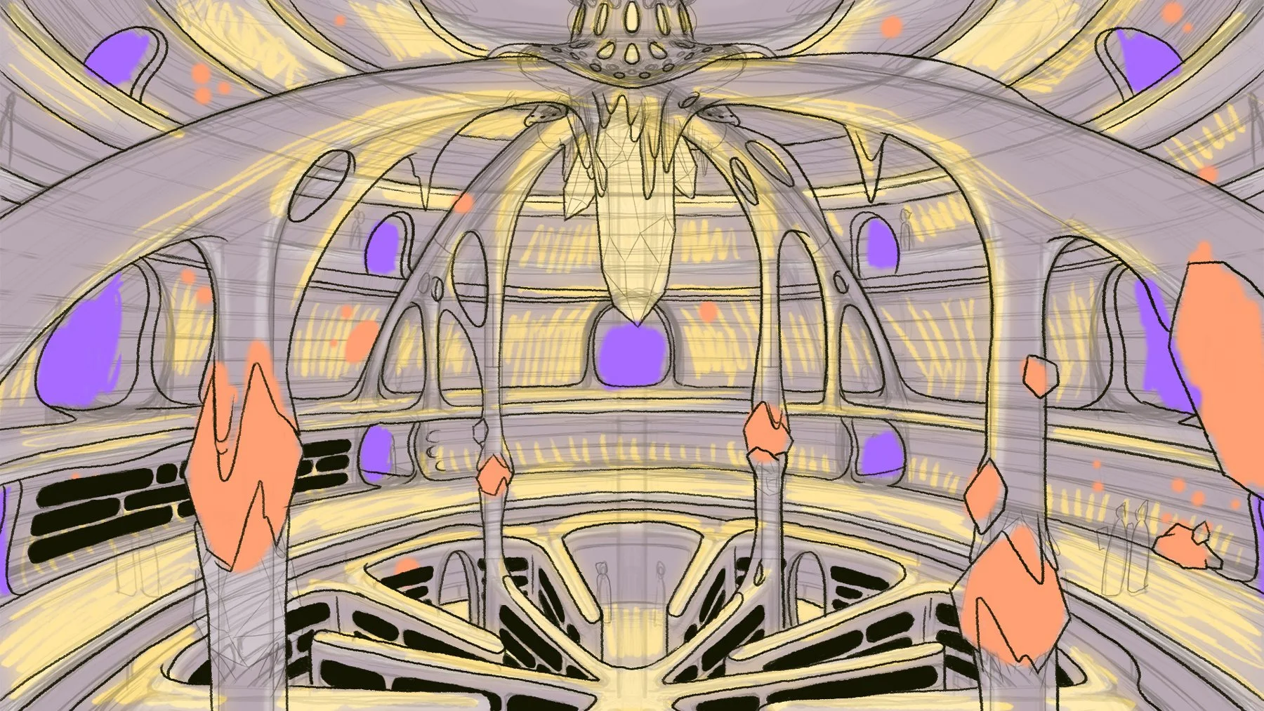 A pencil and color sketch of the great library of Ossuary, its arched, bone-like ribs rising toward a crystal at the center of the dome — The Forgotten Four, Meow Wolf.