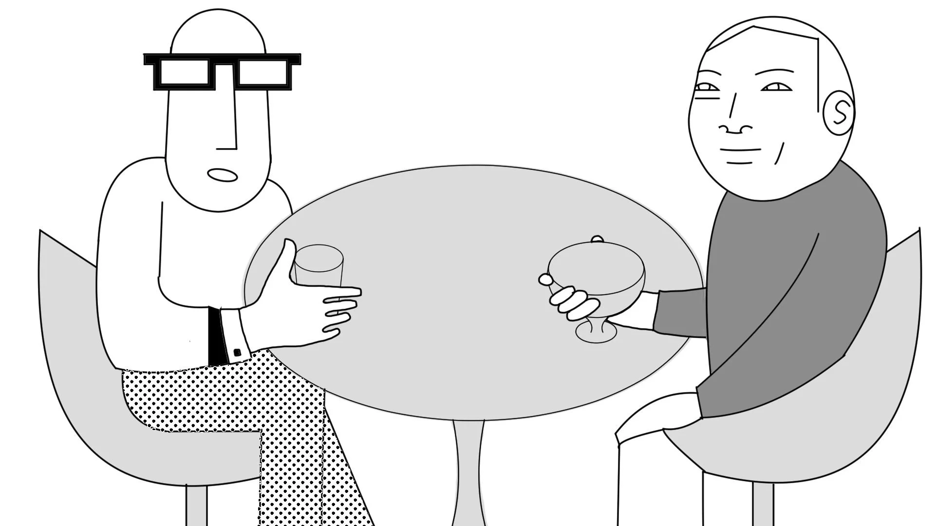 In a black-and-white line drawing, David Chang sits at a round café table holding a dessert cup across from a diner in heavy glasses — The Next Thing You Eat, Hulu.