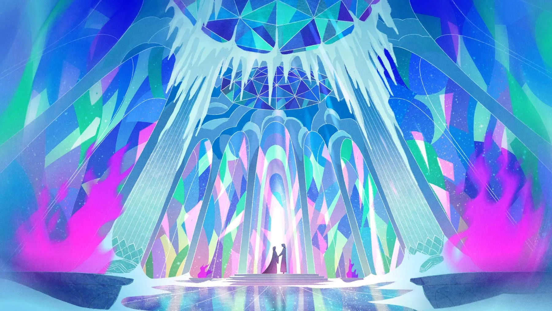 A young Araceli stands at the altar with her groom beneath the prismatic glass of the crystal cathedral — The Forgotten Four, Meow Wolf.