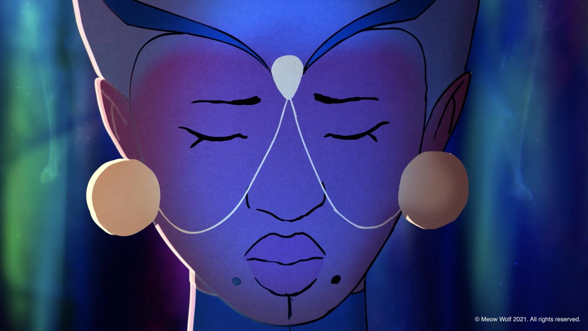 Panoa's face in deep blue, eyes closed, a jeweled chain across her brow — The Forgotten Four, Meow Wolf.